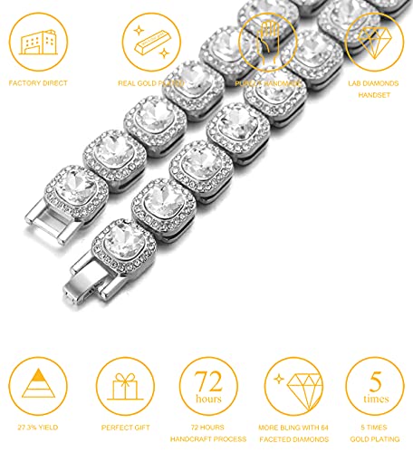 Halukakah Clustered Diamond Tennis Chain For Men,Platinum Plated Square White Diamond Necklace 18",Prong Set Lab Diamonds,With Free Giftbox #TOP1