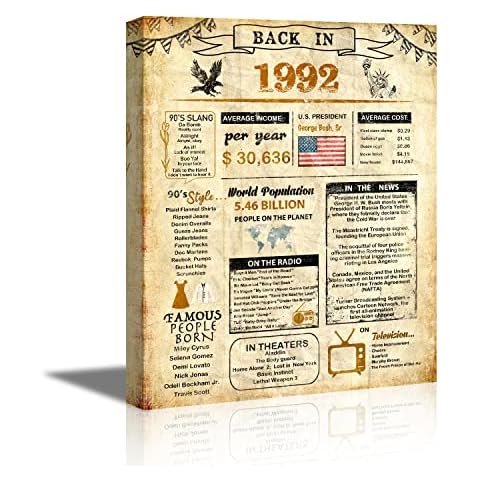30th Birthday Party Decorations Supplies Anniversary Card Gifts for Man/women Turning 30 Years Old Back in 1992 Print Frame Canvas 30th Birthday Card for Him or Her (11inchx14inch, 1992-canavs Frame) Cover