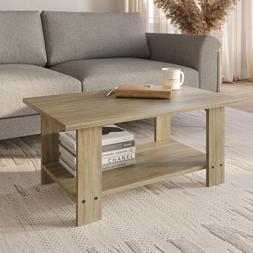 Image of FURLAY LatteEdge Coffee Table for Living Room, Modern Center Table with Open Shelf Storage, Engineered Wood Tea Table for Sofa, Books, Decor, Compact Home Furniture, 90x55x40 cm (FWCT1-Classic Oak)