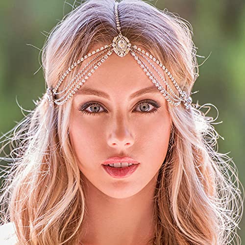 YERTTER Rhinestone Tassel Wedding Brides Women Iced Out Headchain Hair Jewelry Head Chain Wedding Bohemian Crystal Layering Hair Piece Rhinestones Head Piece (Gold)