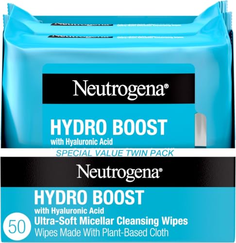 Image of Neutrogena Hydro Boost Ultra-Soft Micellar Cleansing Wipes with Hyaluronic Acid, Hydrating Makeup Remover Wipes Remove Dirt & Waterproof Makeup, Hypoallergenic, Plant-Based Cloth, 2 x 25 ct