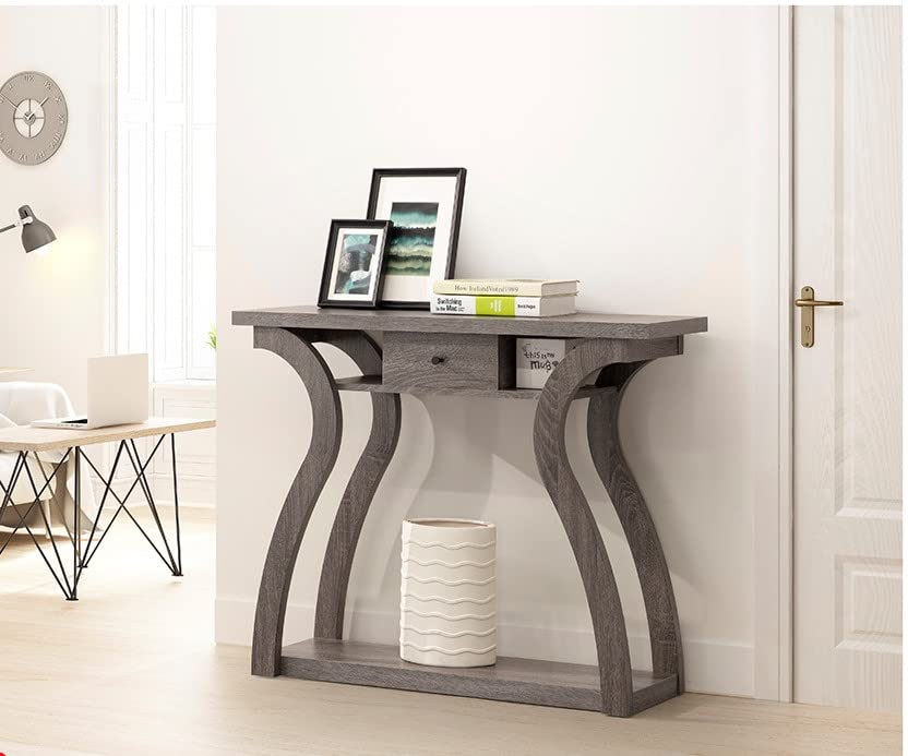 Weathered Grey Finish Hall Console Sofa Entryway Accent Table Modern Design with Drawer by RAAMZO