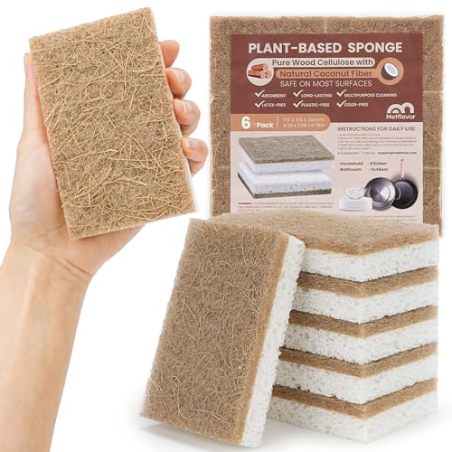 Image of Metflavor Kitchen Sponges, 6 Count, Natural Sponge with Coconut Scrubber | Plant-Based, Non-Toxic, Biodegradable & Compostable, Non-Scratch, All-Purpose Cleaning