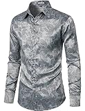 ZEROYAA Men's Paisley Jacquard Slim Fit Long Sleeve Button Up Dress Shirt for Party Prom ZLCL28-Silver Gray Large