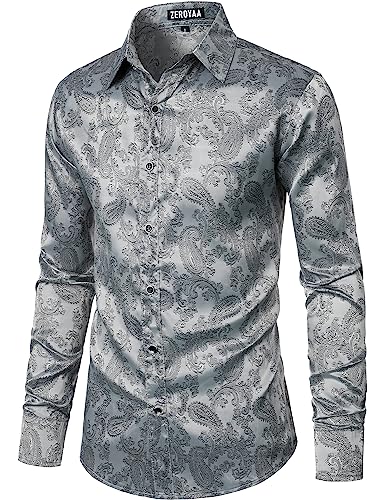 ZEROYAA Men's Paisley Jacquard Slim Fit Long Sleeve Button Up Dress Shirt for Party Prom ZLCL28-Silver Gray Large