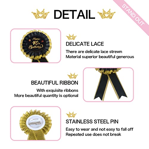 INNORU Happy 40th Birthday Tinplate Badge Pin, Satin Fabric 40th Birthday Pin, Cheers to 40 Years Rosette Button Pins, Happy Birthday Party Accessory Brooch Pin Party Decorations Black, Pack of 13