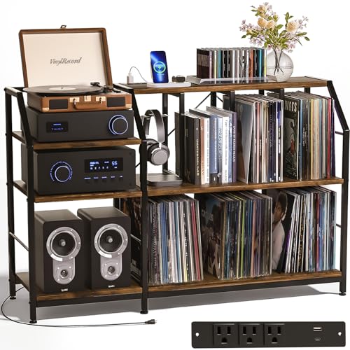 Large Record Player Stand with Charging Station – Turntable Stand & Record Cabinet with Vinyl Storage Holds 500+ LPs, 3-Tier Record Storage Table, Mid-Century Modern Record Stand for Living Room