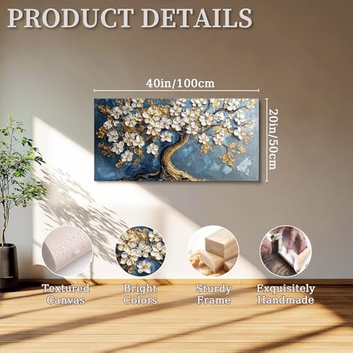 SERIMINO Tree of Life Large Canvas Wall Art, Abstract Gold Tree Modern Office Decorations, Nature White Floral Artwork for Walls, Navy Blue Pictures Wall Decor Living Room Bedroom Art Prints 20"X40"