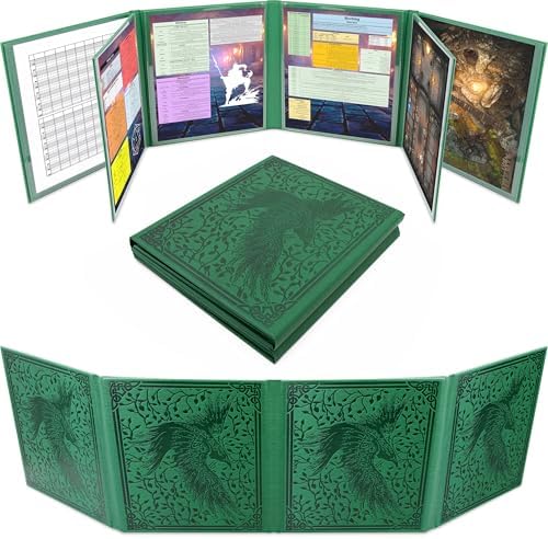 CASEMATIX DM Screen PU Leather 8-Panel Deluxe GM Screen - Green Eight Panel Folding Dungeon Master Screen with 2 Swinging Panels and Wet Erase Pockets for TTRPGs - Inserts Not Included