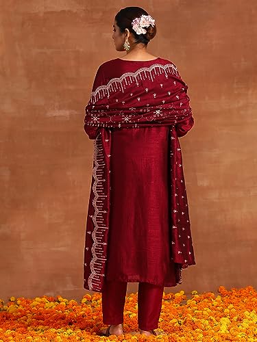 Image of INDO ERA Silk Blend Women's Embroidered Straight Kurta Trouser With Dupatta Set