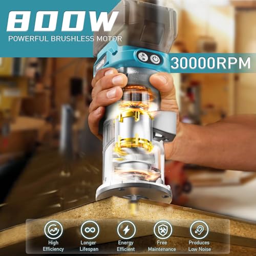 Cordless Compact Router Compatible with Ma-kita Battery (Bare Tool), 6 Variable Speeds Router Tool for Woodworking, 800W Fixed Base Wood Router with Trim Router Bits