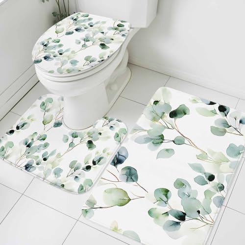 Sage Green Bathroom Rugs Mat Sets 3 Piece, Eucalyptus Leaves