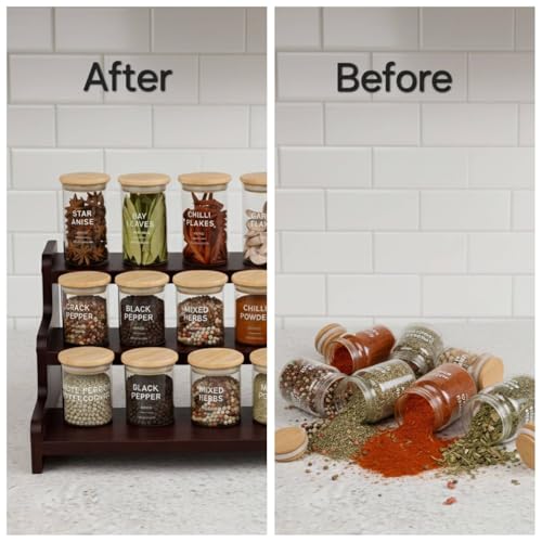 Image of FireBees Kitchen Organizer Rack | 3 Tier Wooden Kitchen Shelf Organisers & Shelf Riser for Counter Top | Wooden Kitchen Storage Stand | Rack for Spice Bottles, Jars, Seasonings (Brown)