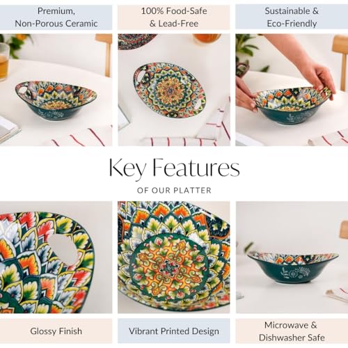 Image of Nestasia Mandala Ceramic Serving Bowl with Handles (400 ml) - Microwave & Dishwasher Safe Pasta Bowl | Floral Bowl with Glossy Finish - Ideal for Soup, Curries, Snacks, Salad & Noodles (Green)