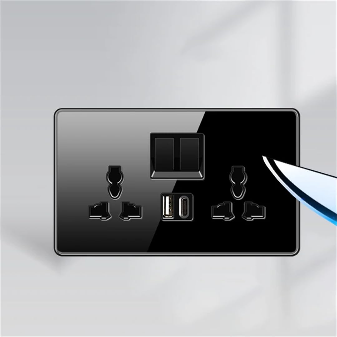 Prise Murale 13A Avec Prise De Charge Rapide Type-C 18W, Panneau En Verre, Double Prise Universelle Dual USB 13A-Black
