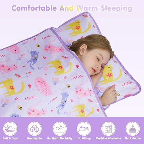 Image of Viviland Toddler Kid Nap Mat for Preschool, Girls Purple Cat Slumber Bag, Daycare Sleeping Bag with Pillow and Blanket, Kindergarten Sleep Mat