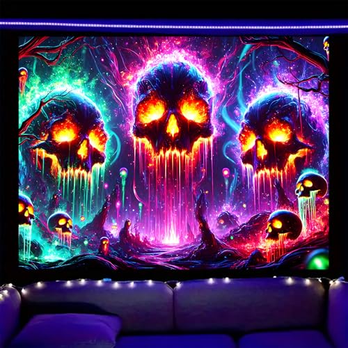 Image of Nuxovilar Skull UV Reactive Tapestry, 90.55 inchx70.86 inch Polyester