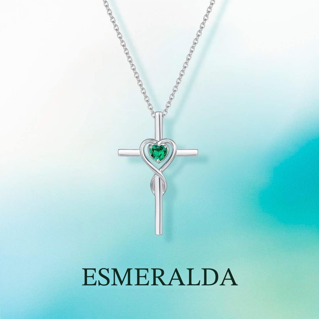 FANCIME Collar con Colgante de Cruz Cristiana Infinito corazón para Mujer de Plata de Ley 925 y Piedras Preciosas Sintéticas/Naturales - Longitud Cadena: 40 + 5 cm