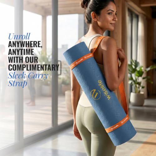 Image of WiseLife Classic Eco-TPE 10 MM Yoga Mat with Yoga Strap for Men & Women | Extra Thick, Long & Wide Non-Slip, Anti-Tear Exercise Mat for Home, Gym, Workout, Fitness, Yoga & Pilates (Navy Blue)