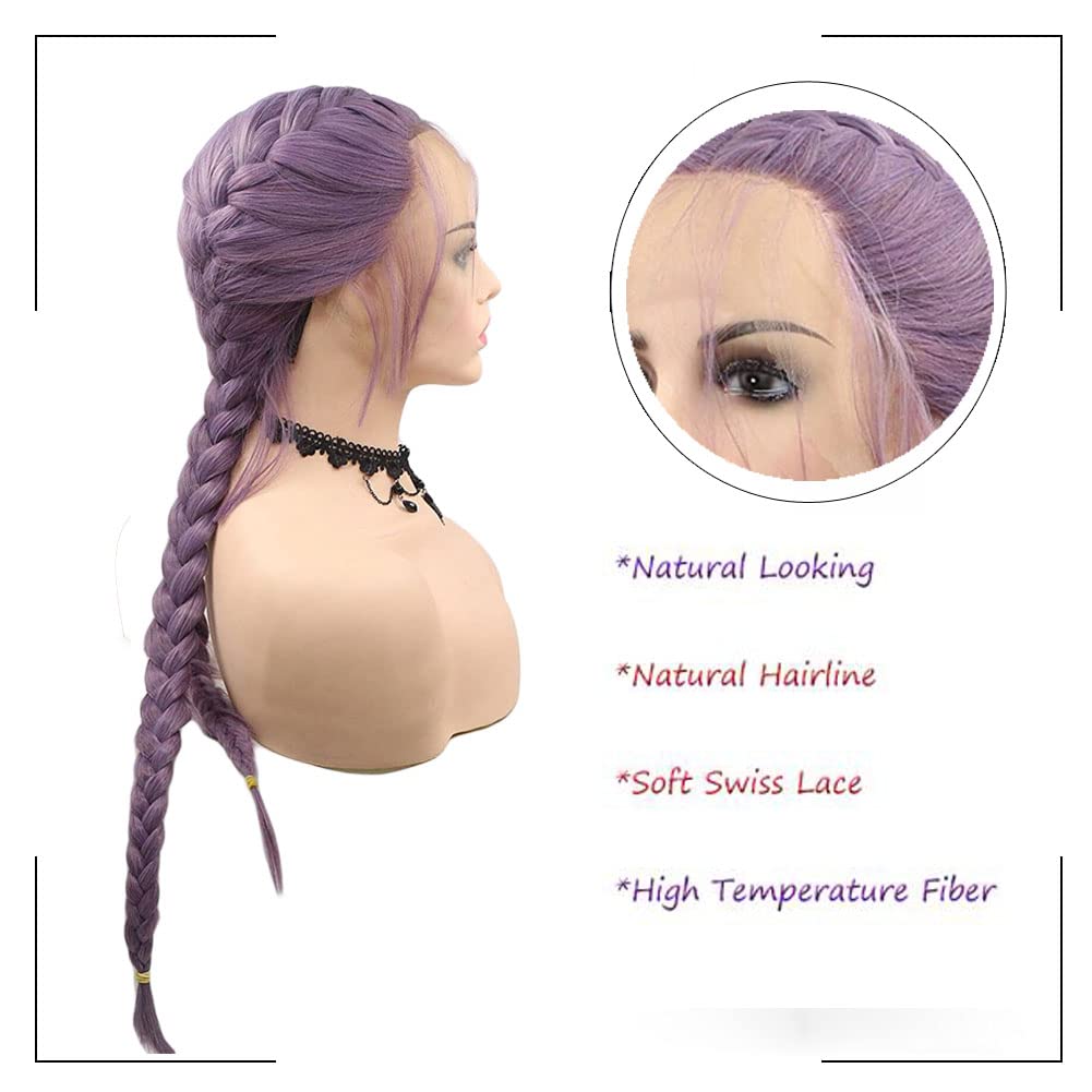 kalisa Purple Braided Lace Front Wig for Women Synthetic Handmade Twist Double Braids Wig with Baby Hair Natural Looking Pre Plucked Briads Wig Party Makeup Daily Use 24 Inch
