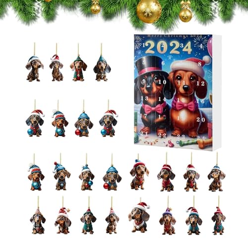 Weihnachtsbaum Dackel Anhänger Adventskalender 2024, 24-Tage-Weihnachts-Countdown-Kalender Dackel Anhängerbox Für Erwachsene, Kinder, 2D Acryl Dackel Hängeanhänger, Weihnachtsbaumschmuck