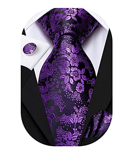 Image of Hi-Tie Mens Plaid Ties Classic Paisley Necktie with Handkerchief Cufflinks Set Business Stripe Tie