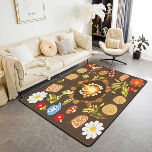 Homewish Tapis Salon 100x150 Feu de Camp Tapis Chambre pour Salon,Porte,Buanderie Bois Souche Tapis Sol Dessin Animé Arbre Siège Drôle Hibou Champignon...