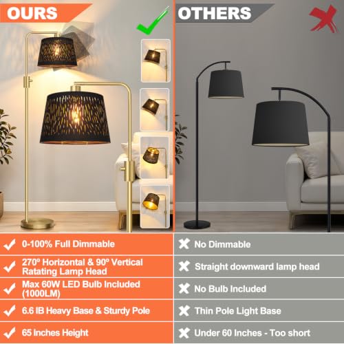 Image of 【Upgraded】 Dimmable Gold Floor Lamp, 1000 Lumens LED Edison Bulb Included, Arc Black Floor Lamps for Living Room Modern Standing Lamp with Black Grid Shade, Tall Lamps for Living Room Bedroom Office