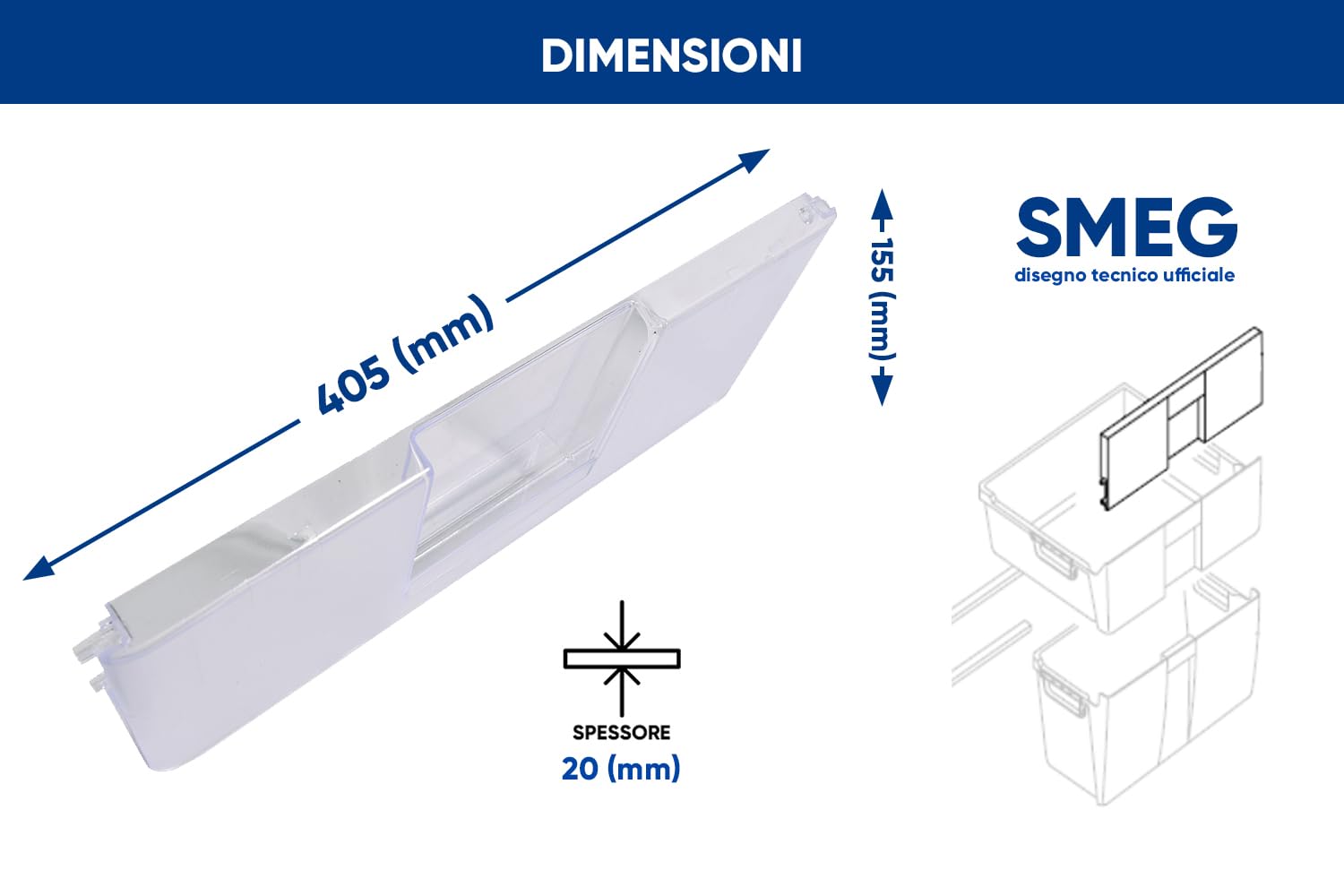 eRicambi® Frontale Sportello Congelatore Superiore per Frigorifero Congelatore, Compatibile con Smeg, Dimensioni: 405x155x20 (mm) per Modelli: CR312A CR312AP CR312ASX