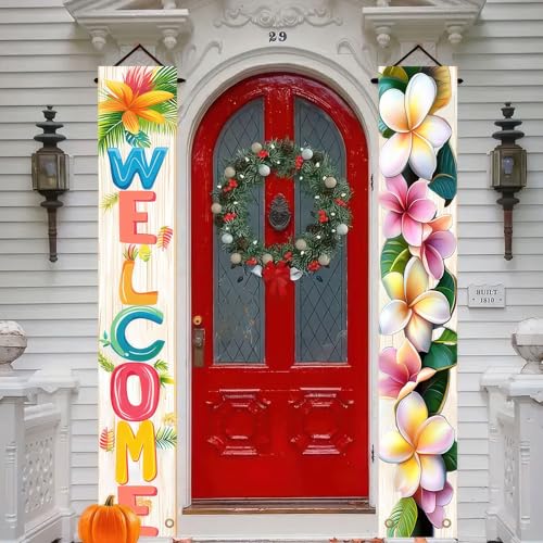 Image of BlissYard 2pcs Welcome Summer Door Banner Porch Sign Hawaiian Decorations Hawaiian Banner Hibiscus Colorful Spring Summer Decor Wall Hanging Banners for Outdoor Home Tropical Party Decor Supplies