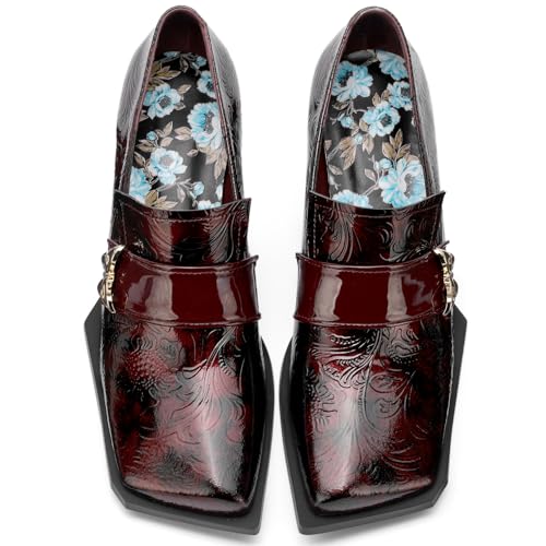 Image of Loafers for Women Patent Leather Buckle Square Toe Chunky Block Dress Slip On Wide Casual Comfortable Dressy High Heels Ladies Comfort Moccasins Elegantes 2 Inch Shoes