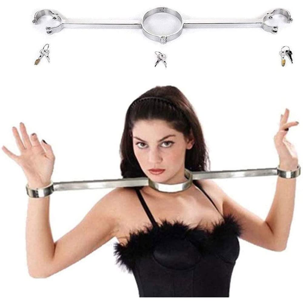 2Pcs Edelstahl Spreizstange Bondage Set mit Handschellen/Handfesseln+ Halsbänder+ Fußfesseln, Fuß/Hand Restraint, Fetish Folter BDSM Sklave Fesselset Erotik Sexspielzeug für Paare,Male-Silber