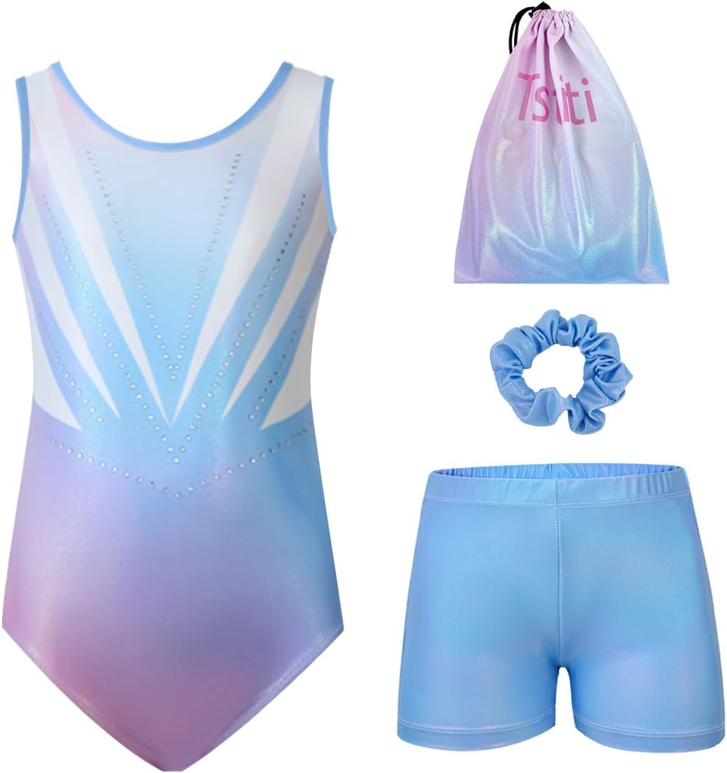 Girls Gymnastics Leotard Set with Shorts and Scrunchie 4 Piece Sparkle Training Outfit for Dance Practice
