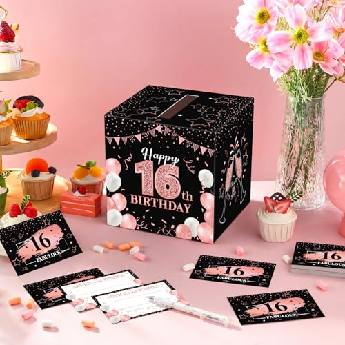 Image of Funrous 16th Birthday Party Message Card Box Cheers to 16 Years Black Rose Gold Advice and Wishes Greeting Card Box for Girls Women Sweet Sixteen Birthday Decorations Anniversary Tables Sign Decor