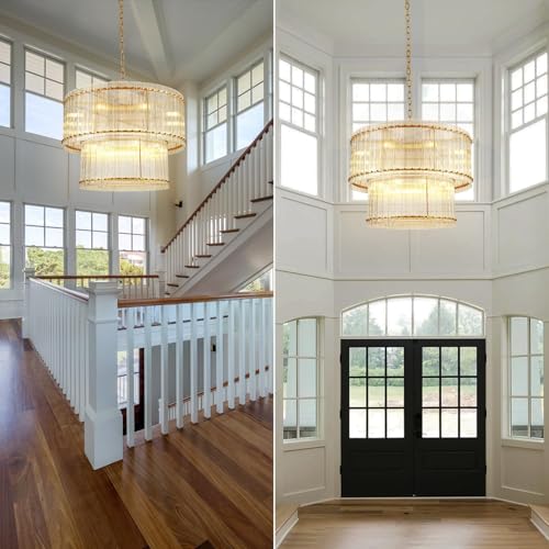 Image of 3-Tier Modern Gold Round Chandelier, 37 inch Water Ripple Crystal Glass Chandeliers for High Ceiling,16-Lights Luxury Adjustable Hanging Chandelier for Living Room, Foyer, Staircase, Dining Room,