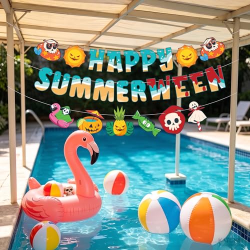 Image of Katchon, Happy Summerween Banner - 3 Strings Pre-Strung, 10 Feet Each, Summerween Party Decorations, Summer Halloween Decorations for Pool Party, Beach Party & Tropical Spooky Celebration
