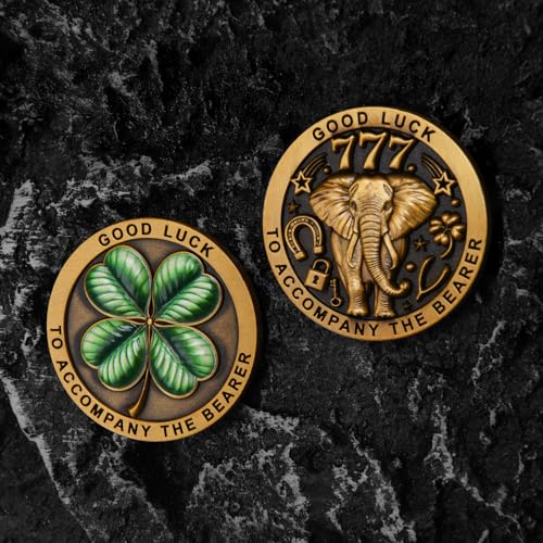 Good Luck Challenge Coin Dual Sided - Elephant & Four Leaf Clover Design - Motivational Token for Men Women - 777 Lucky Symbols - Zinc Alloy Pocket Keepsake - Thumbnail 2
