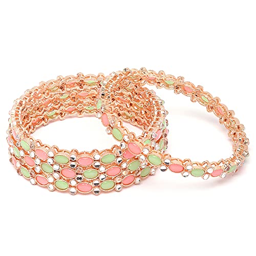 Image of ZENEME Rose Gold-Plated Lime Green & White Oval Shaped AD studded Handcrafted Bangles Set for Girls and Women (Set Of 4) (2.8)