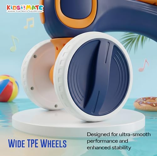 Image of Kidsmate Tiny Glide Baby Push Ride On Toy with Music & Lights | Storage Basket, 4-Wheel Stable Design for Balance, Coordination & Active Growth | Perfect Toddler Mini Bike for 1-4 Yrs - Blue Orange