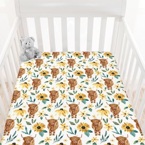 Image of HawSkgFub Highland Cow Sunflower Fitted Standard Crib Sheet for Baby Girl, Fall Western Farm Animal Yak Flower Toddler Mattress Cover, Soft Stretchy Nursery Bed Sheets Floral Decor Kids Gift 52" x 28"