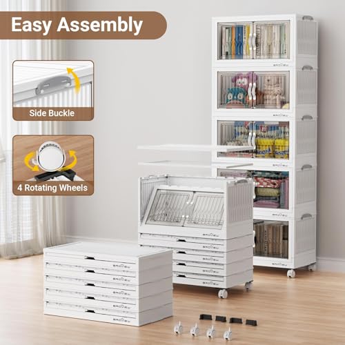 300Qt Stackable Storage Bins with Lid, Extra Large Closet Organizer Collapsible Drawer Boxes with Wheels, Folding Plastic Cabinet Containers for Home Kitchen Room Organization, 5Pack White