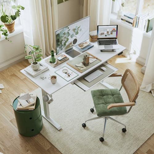 Image of Agilestic Electric Standing Desk with Drawers, 55 x 24 Inches Height Adjustable Desk, Stand up Computer Table with Memory Preset, for Work Office Home, Ivory