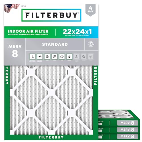 Filterbuy 22x24x1 Air Filter MERV 8 Essential Dust & Allergy Defense (4-Pack) Electrostatic Pleated HVAC AC Furnace Filters Replacement Made in USA (Actual Size: 21.50 x 23.50 x 0.75)