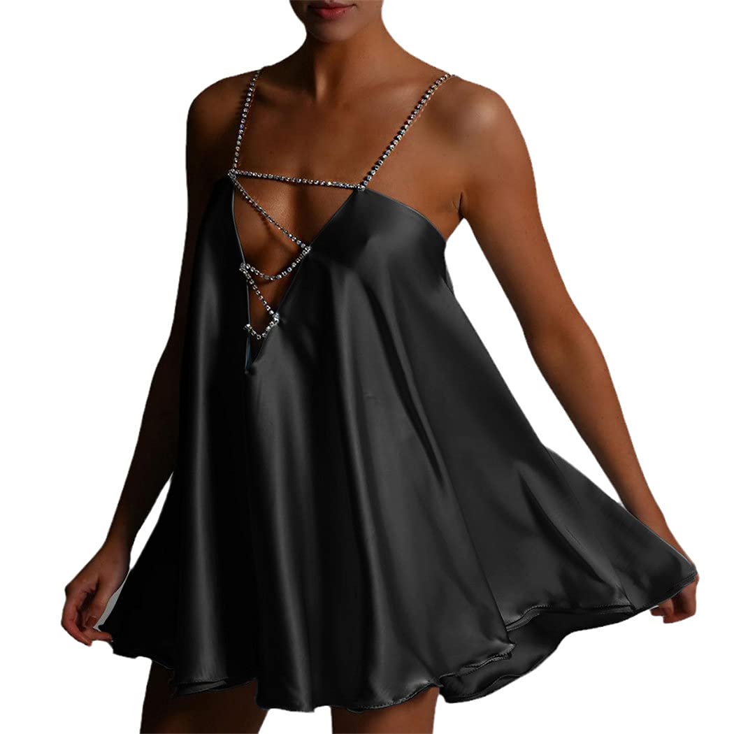 Sexy Kleid mit Kette aus Satin, niedriger Rücken, mit Kristall-Trägern und Hals, für Partys und Clubs., Schwarz , L
