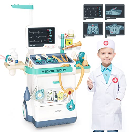 Fegalop Medizinisches Spielzeug Doktor Spielzeug Set für Jungen & Mädchen Mobile Cart mit Lichtern, Eye Chart, Thermometer, Stethoskop, Puls Maschine, großes Geschenk für Kleinkinder (28PCS)