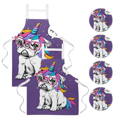 Tablier de serveuse pour restaurant et bistrot avec motif bouledogue et licorne en lot