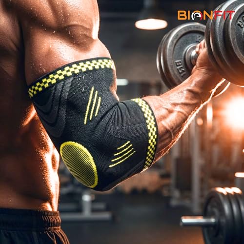 Image of BIONFIT Elbow Support Sleeve Pair for Men & Women | Compression Elbow Brace for Gym, Weightlifting, Tennis & Pain Relief | Breathable Anti-Slip Elbow Support