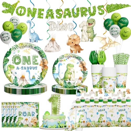Hombae One a Saurus Birthday Decorations Dinosaur 1st Birthday Party Supplies with One-A-Saurus Tableware Plates Napkins Hanging Swirls for Boys First Dino Theme Party Serves 24