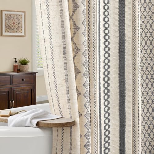 NDDYCU Grey Boho Shower Curtain for Bathroom Beige Linen with Striped Print and Twine-Inspired Woven Center 72 W x 72 L