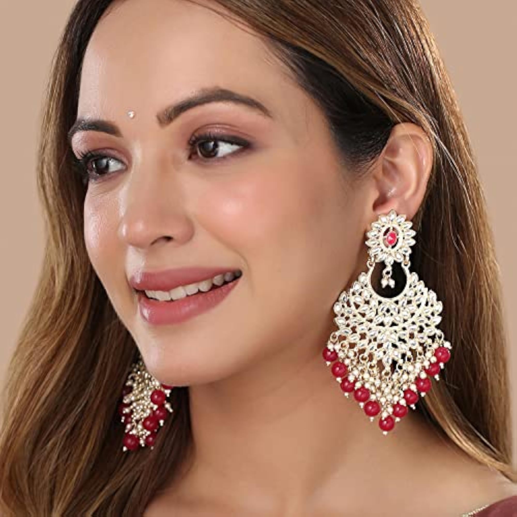 Kundan Chandbali Earrings for Women - Gold Plated Beads Drop